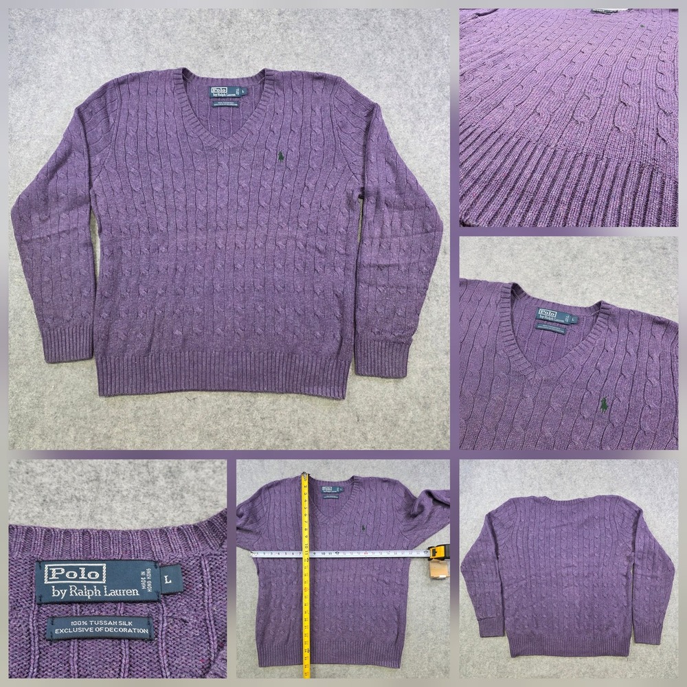 Polo By Ralph Lauren Sweater Mens Large Purple Silk Cable Knit V Neck Pullover